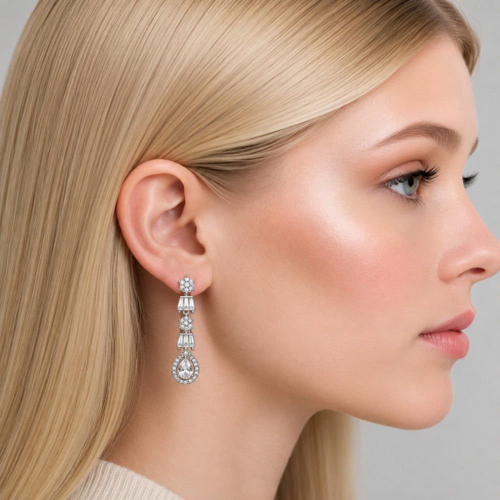 Rhodium Gold Filled Long Earring, Teardrop and Baguette Design, with White Cubic Zirconia and White Micro Pave, Polished, Rhodium Finish