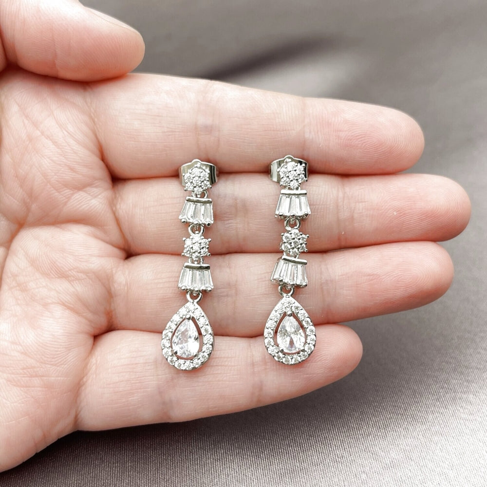 Rhodium Gold Filled Long Earring, Teardrop and Baguette Design, with White Cubic Zirconia and White Micro Pave, Polished, Rhodium Finish