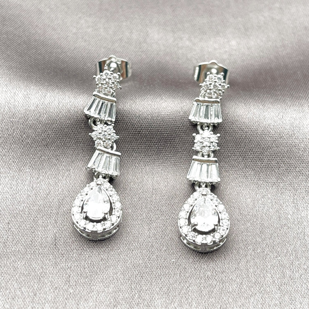 Rhodium Gold Filled Long Earring, Teardrop and Baguette Design, with White Cubic Zirconia and White Micro Pave, Polished, Rhodium Finish
