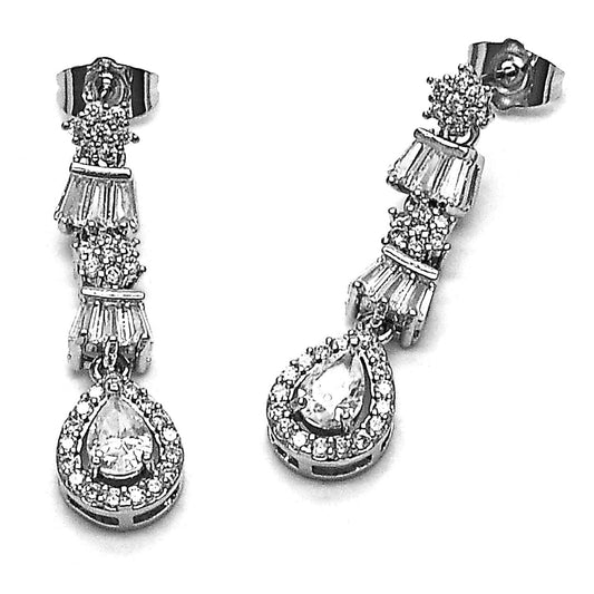 Rhodium Gold Filled Long Earring, Teardrop and Baguette Design, with White Cubic Zirconia and White Micro Pave, Polished, Rhodium Finish