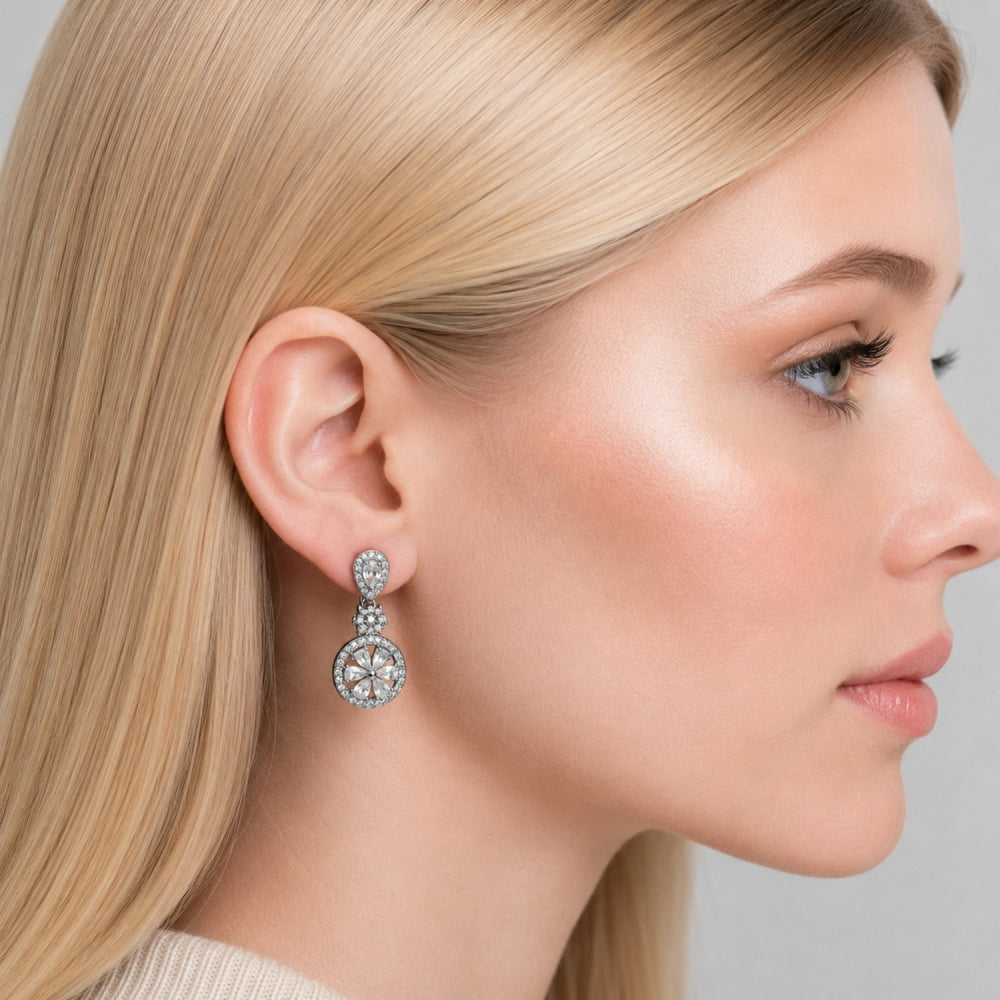 Rhodium Gold Filled Long Earring, Flower and Teardrop Design, with White Cubic Zirconia and White Micro Pave, Polished, Rhodium Finish