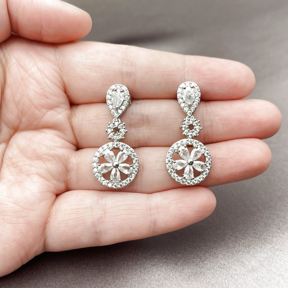 Rhodium Gold Filled Long Earring, Flower and Teardrop Design, with White Cubic Zirconia and White Micro Pave, Polished, Rhodium Finish
