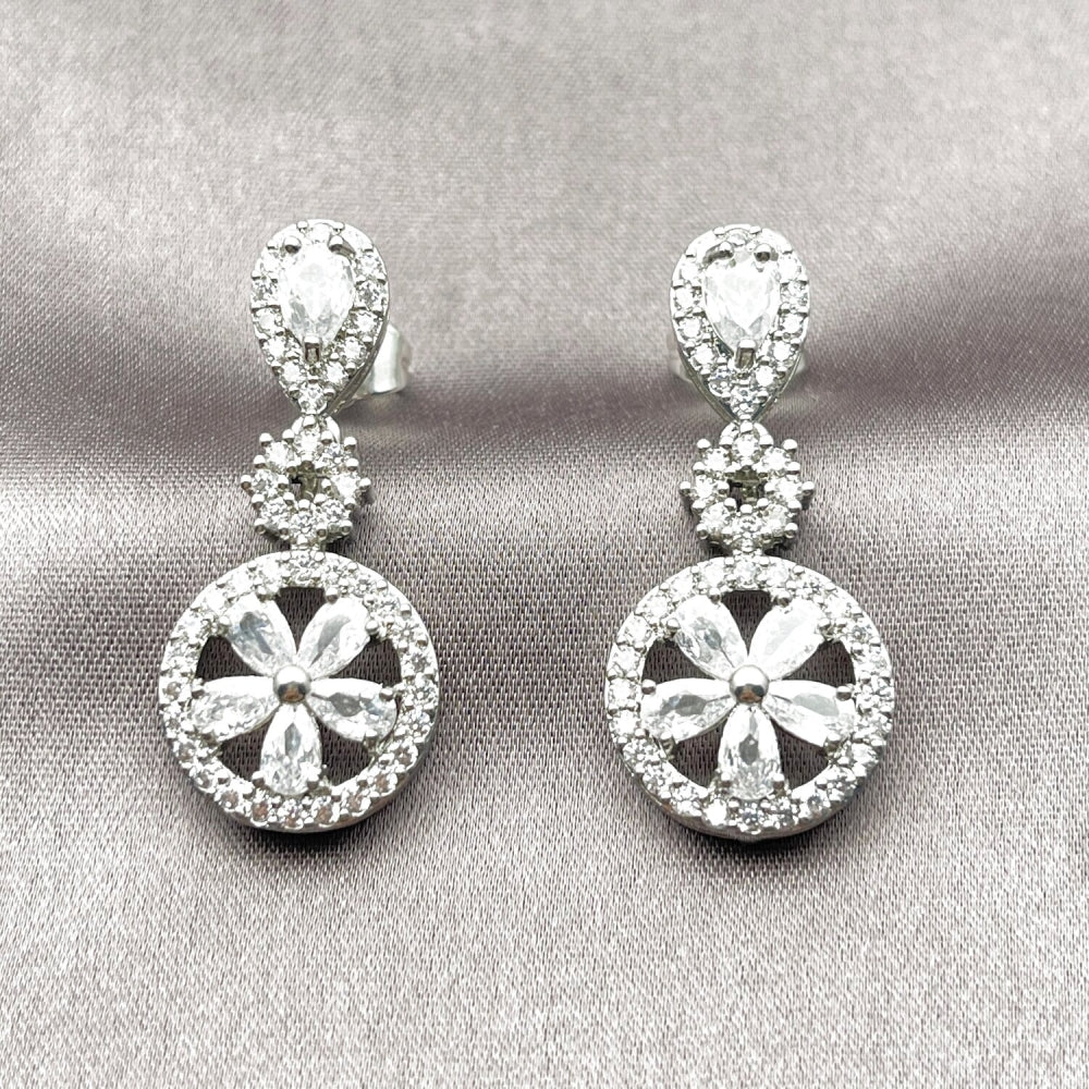 Rhodium Gold Filled Long Earring, Flower and Teardrop Design, with White Cubic Zirconia and White Micro Pave, Polished, Rhodium Finish