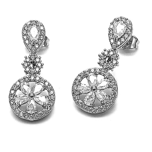 Rhodium Gold Filled Long Earring, Flower and Teardrop Design, with White Cubic Zirconia and White Micro Pave, Polished, Rhodium Finish