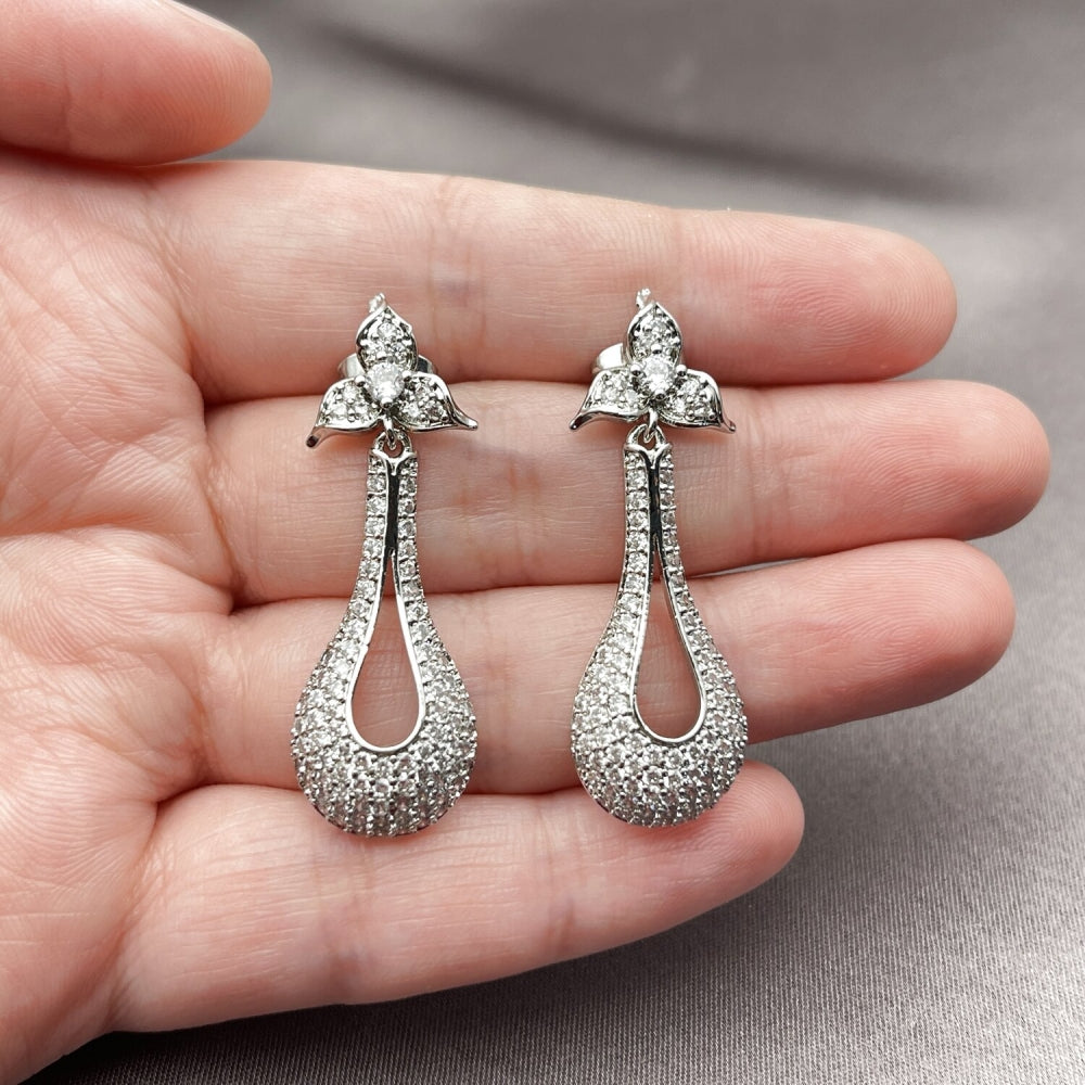 Rhodium Gold Filled Dangle Earring, Teardrop and Flower Design, with White Cubic Zirconia, Polished, Rhodium Finish