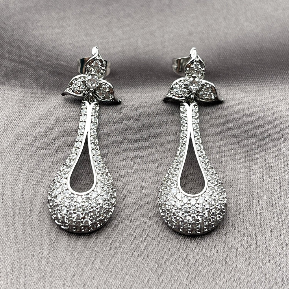 Rhodium Gold Filled Dangle Earring, Teardrop and Flower Design, with White Cubic Zirconia, Polished, Rhodium Finish