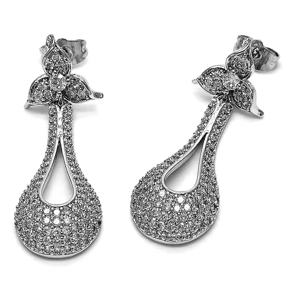 Rhodium Gold Filled Dangle Earring, Teardrop and Flower Design, with White Cubic Zirconia, Polished, Rhodium Finish