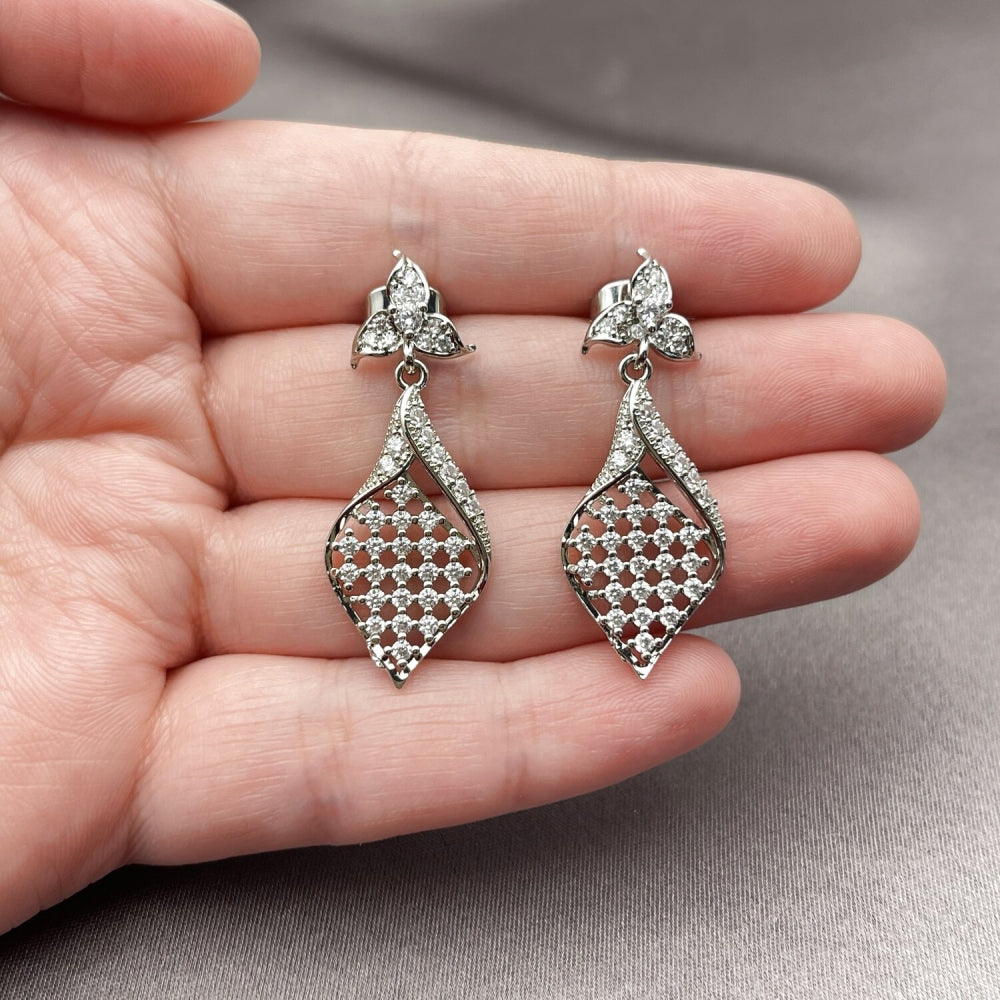 Rhodium Gold Filled Dangle Earring, Flower Design, with White Cubic Zirconia, Polished, Rhodium Finish