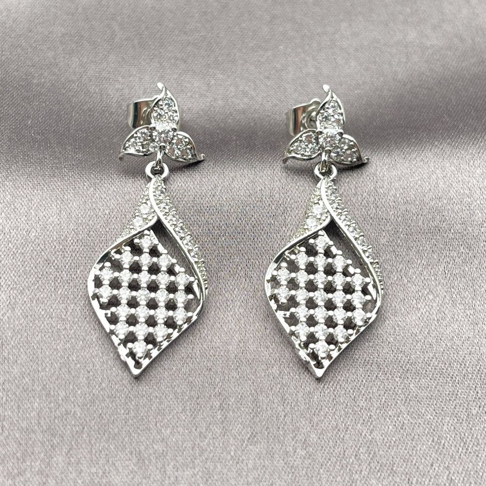 Rhodium Gold Filled Dangle Earring, Flower Design, with White Cubic Zirconia, Polished, Rhodium Finish