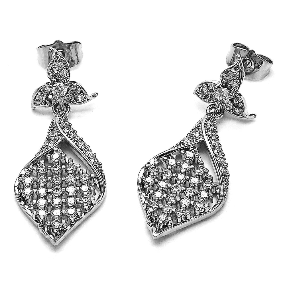 Rhodium Gold Filled Dangle Earring, Flower Design, with White Cubic Zirconia, Polished, Rhodium Finish