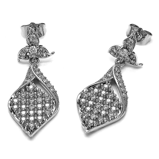 Rhodium Gold Filled Dangle Earring, Flower Design, with White Cubic Zirconia, Polished, Rhodium Finish