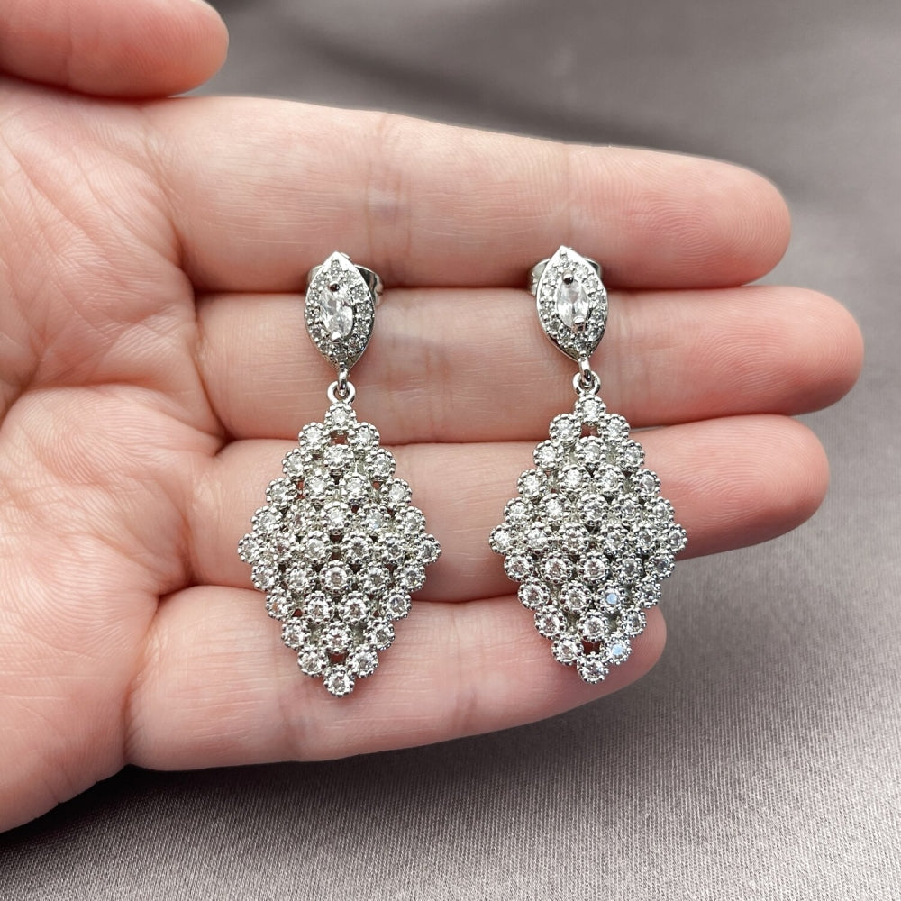 Rhodium Gold Filled Dangle Earring, Cluster Design, with White Cubic Zirconia, Polished, Rhodium Finish