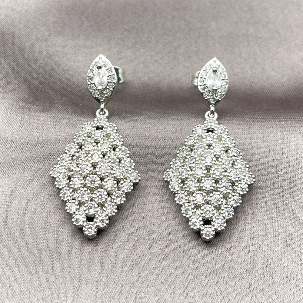 Rhodium Gold Filled Dangle Earring, Cluster Design, with White Cubic Zirconia, Polished, Rhodium Finish