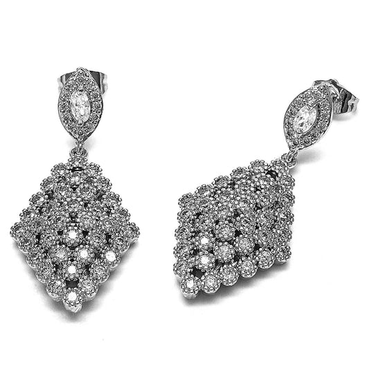 Rhodium Gold Filled Dangle Earring, Cluster Design, with White Cubic Zirconia, Polished, Rhodium Finish