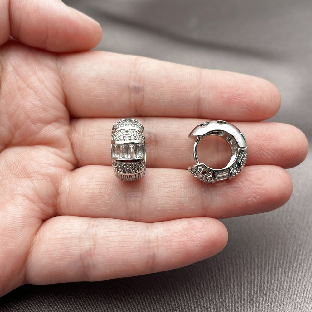 Rhodium Gold Filled Huggie Hoop, Baguette Design, with White Cubic Zirconia, Polished, Rhodium Finish