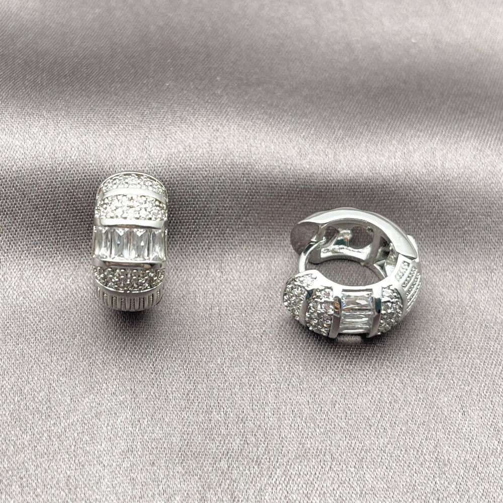 Rhodium Gold Filled Huggie Hoop, Baguette Design, with White Cubic Zirconia, Polished, Rhodium Finish