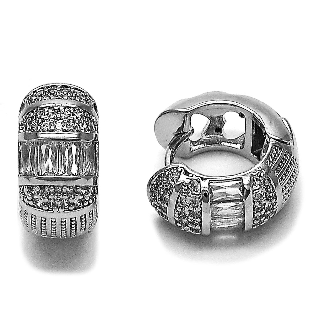 Rhodium Gold Filled Huggie Hoop, Baguette Design, with White Cubic Zirconia, Polished, Rhodium Finish