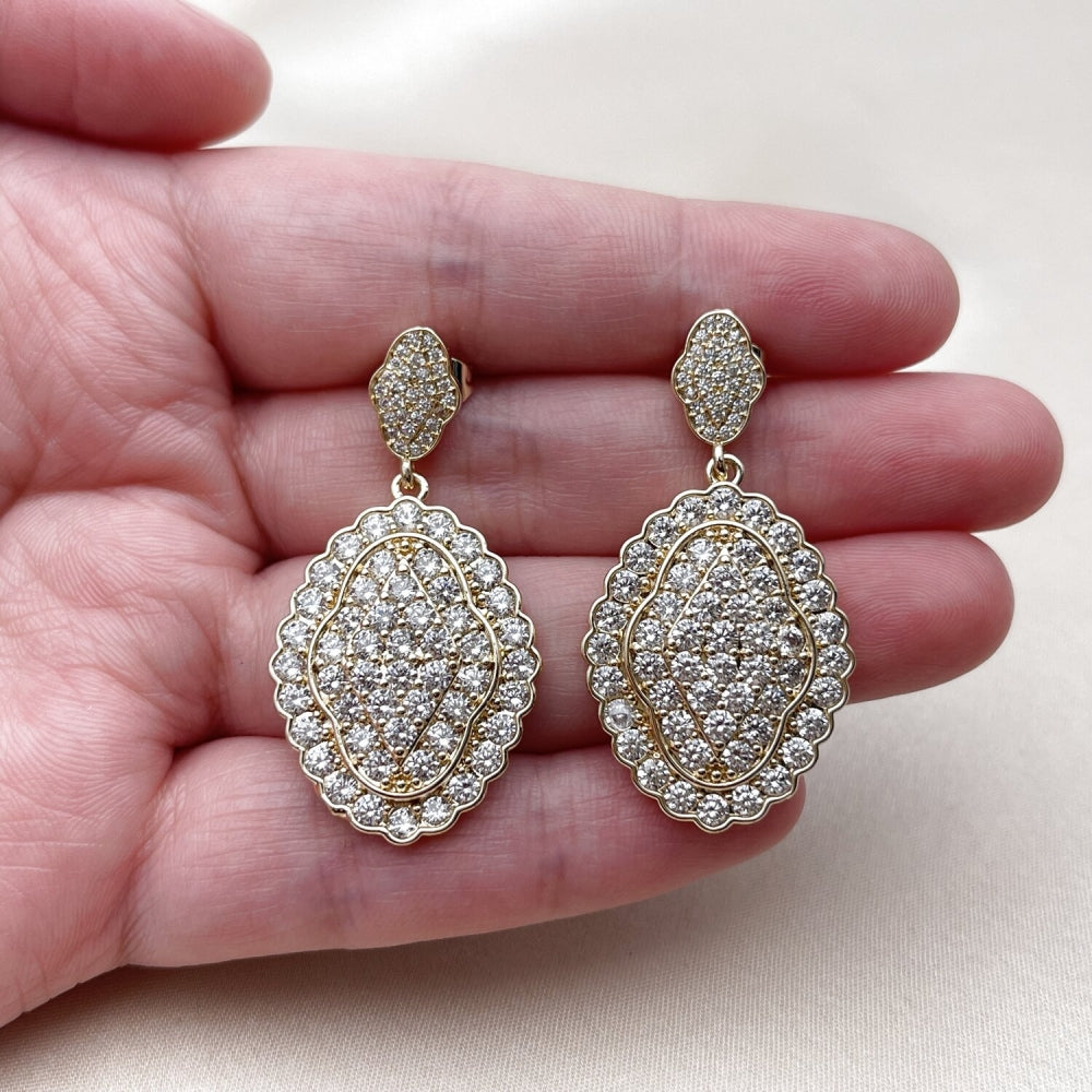 Oro Laminado Dangle Earring, Gold Filled Style Cluster Design, with White Cubic Zirconia and White Micro Pave, Polished, Golden Finish