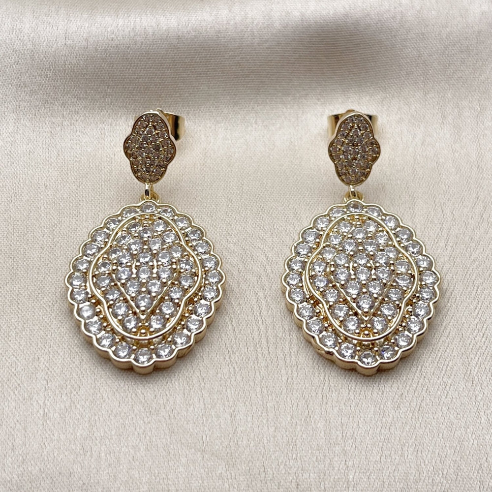 Oro Laminado Dangle Earring, Gold Filled Style Cluster Design, with White Cubic Zirconia and White Micro Pave, Polished, Golden Finish
