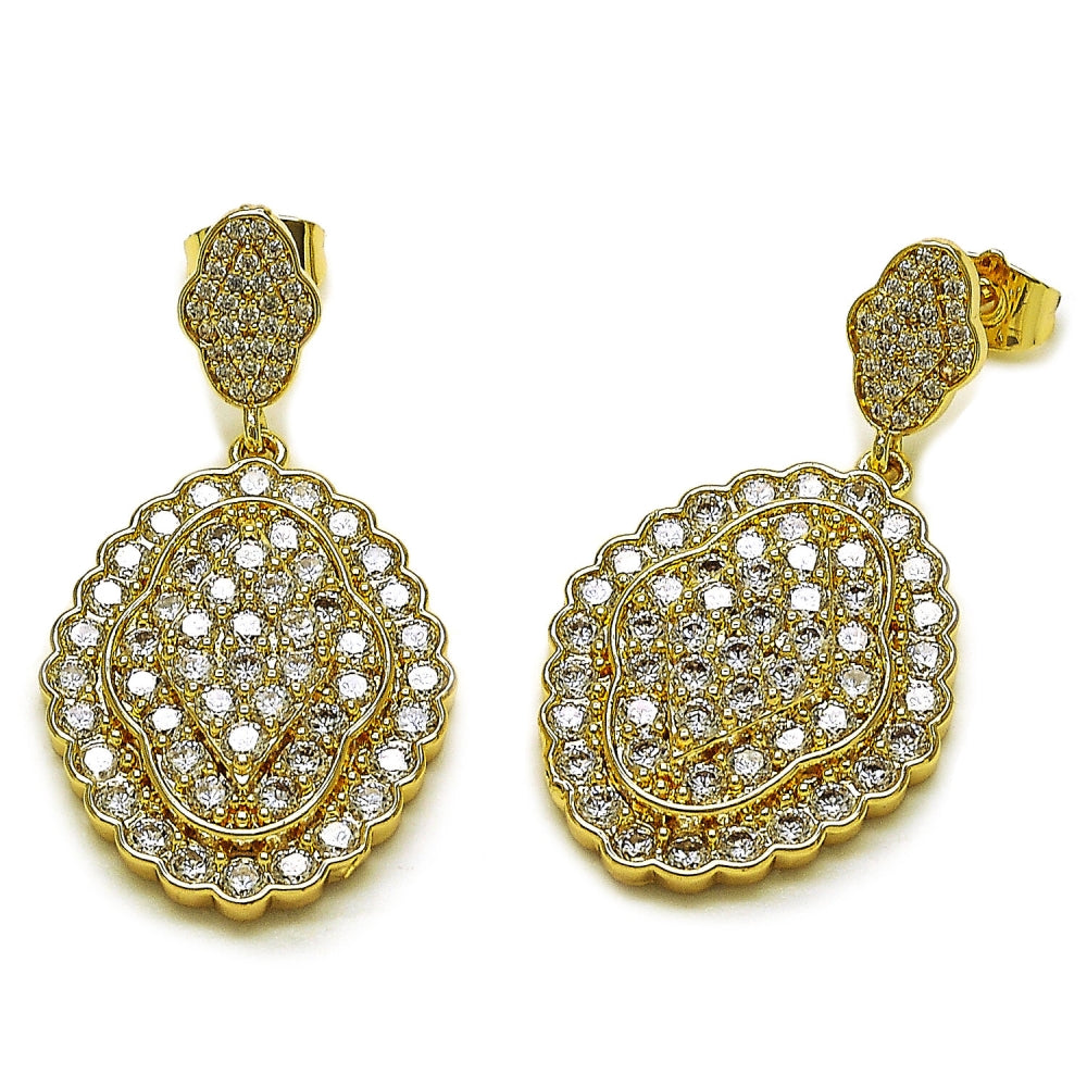 Oro Laminado Dangle Earring, Gold Filled Style Cluster Design, with White Cubic Zirconia and White Micro Pave, Polished, Golden Finish