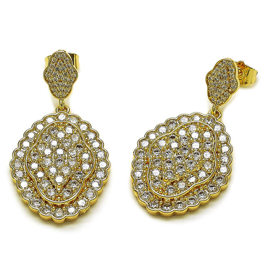 Oro Laminado Dangle Earring, Gold Filled Style Cluster Design, with White Cubic Zirconia and White Micro Pave, Polished, Golden Finish
