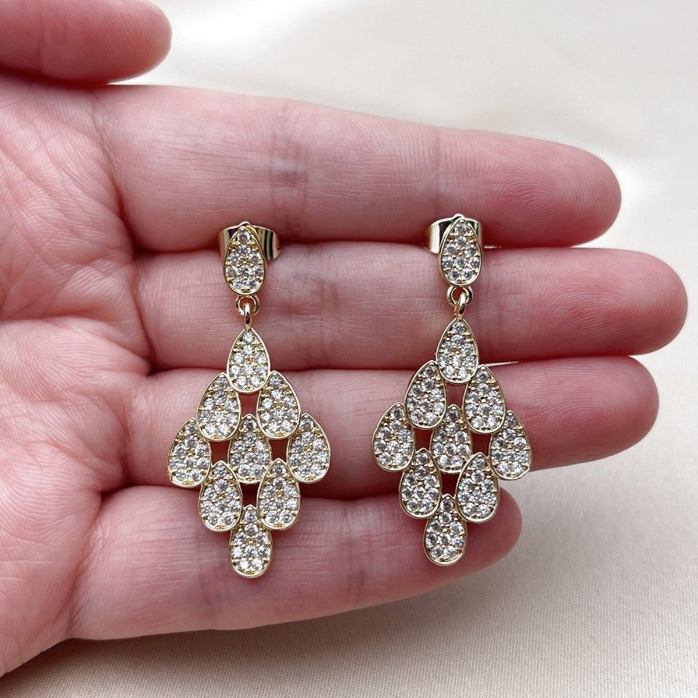 Oro Laminado Dangle Earring, Gold Filled Style Teardrop Design, with White Cubic Zirconia, Polished, Golden Finish