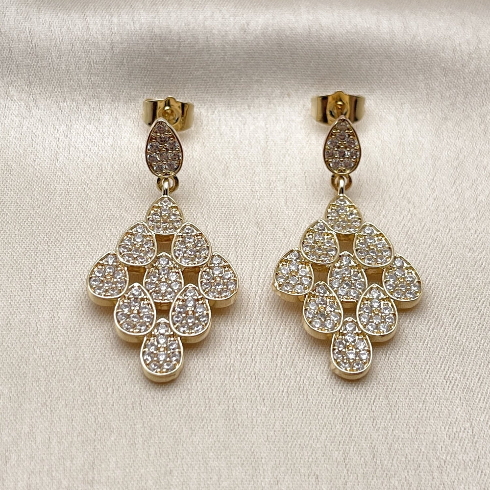 Oro Laminado Dangle Earring, Gold Filled Style Teardrop Design, with White Cubic Zirconia, Polished, Golden Finish