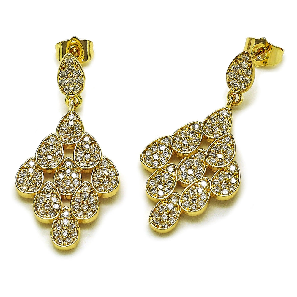 Oro Laminado Dangle Earring, Gold Filled Style Teardrop Design, with White Cubic Zirconia, Polished, Golden Finish