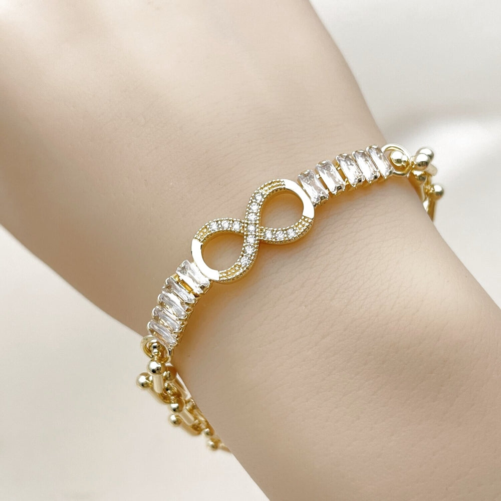 Oro Laminado Fancy Bracelet, Gold Filled Style Infinite and Baguette Design, with White Cubic Zirconia, Polished, Golden Finish