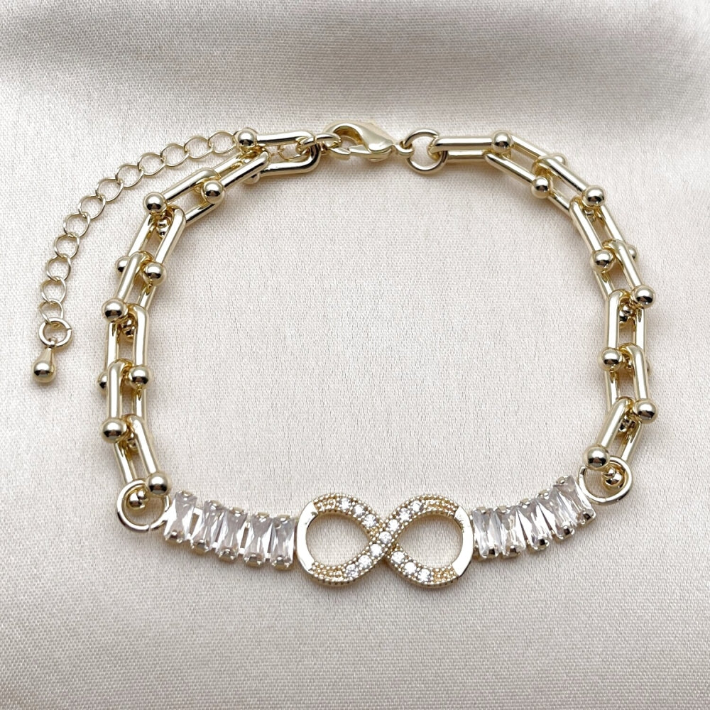 Oro Laminado Fancy Bracelet, Gold Filled Style Infinite and Baguette Design, with White Cubic Zirconia, Polished, Golden Finish