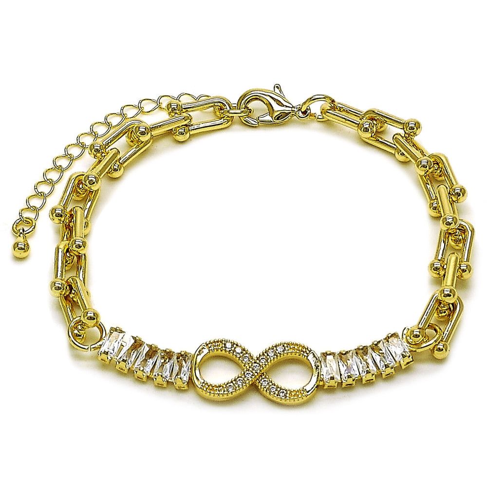 Oro Laminado Fancy Bracelet, Gold Filled Style Infinite and Baguette Design, with White Cubic Zirconia, Polished, Golden Finish