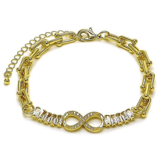 Oro Laminado Fancy Bracelet, Gold Filled Style Infinite and Baguette Design, with White Cubic Zirconia, Polished, Golden Finish
