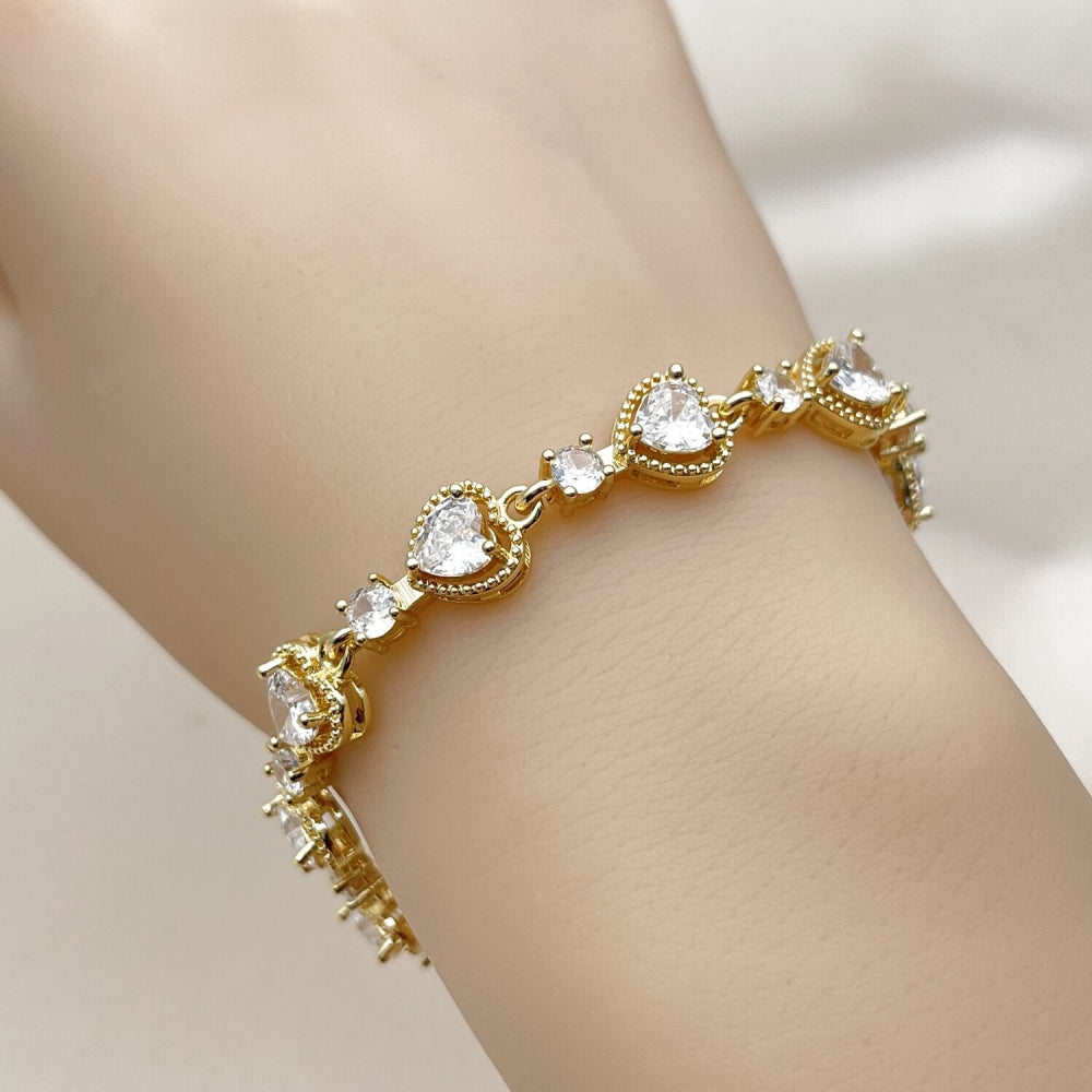 Oro Laminado Tennis Bracelet, Gold Filled Style Heart Design, with White Cubic Zirconia, Polished, Golden Finish