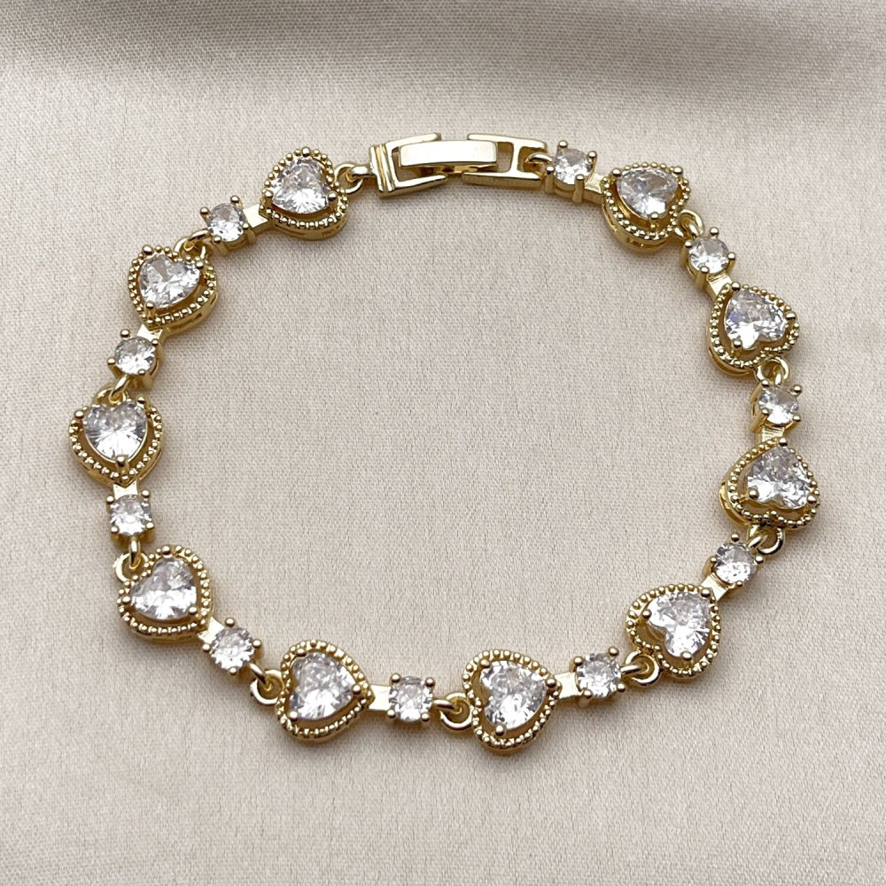 Oro Laminado Tennis Bracelet, Gold Filled Style Heart Design, with White Cubic Zirconia, Polished, Golden Finish