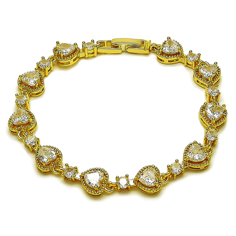 Oro Laminado Tennis Bracelet, Gold Filled Style Heart Design, with White Cubic Zirconia, Polished, Golden Finish