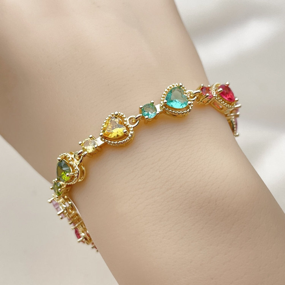 Oro Laminado Tennis Bracelet, Gold Filled Style Heart Design, with Multicolor Cubic Zirconia, Polished, Golden Finish