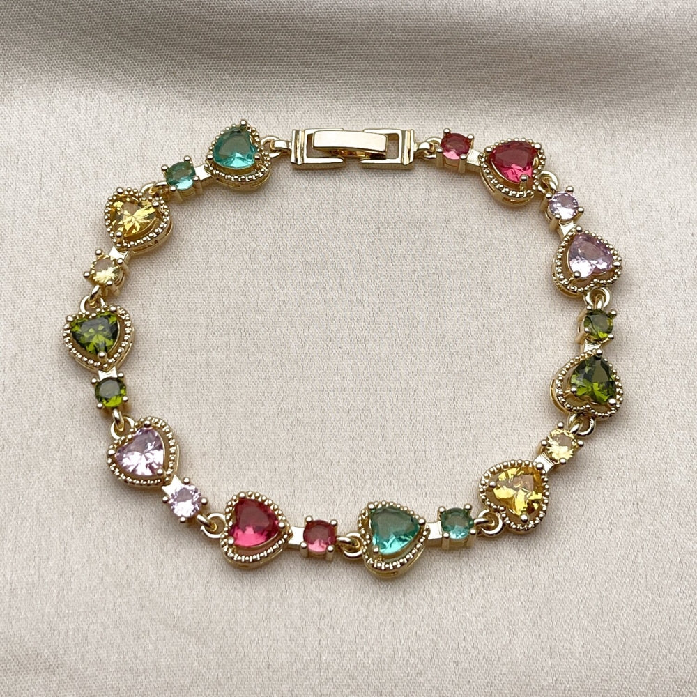 Oro Laminado Tennis Bracelet, Gold Filled Style Heart Design, with Multicolor Cubic Zirconia, Polished, Golden Finish