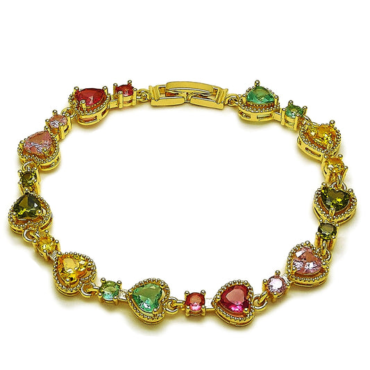 Oro Laminado Tennis Bracelet, Gold Filled Style Heart Design, with Multicolor Cubic Zirconia, Polished, Golden Finish