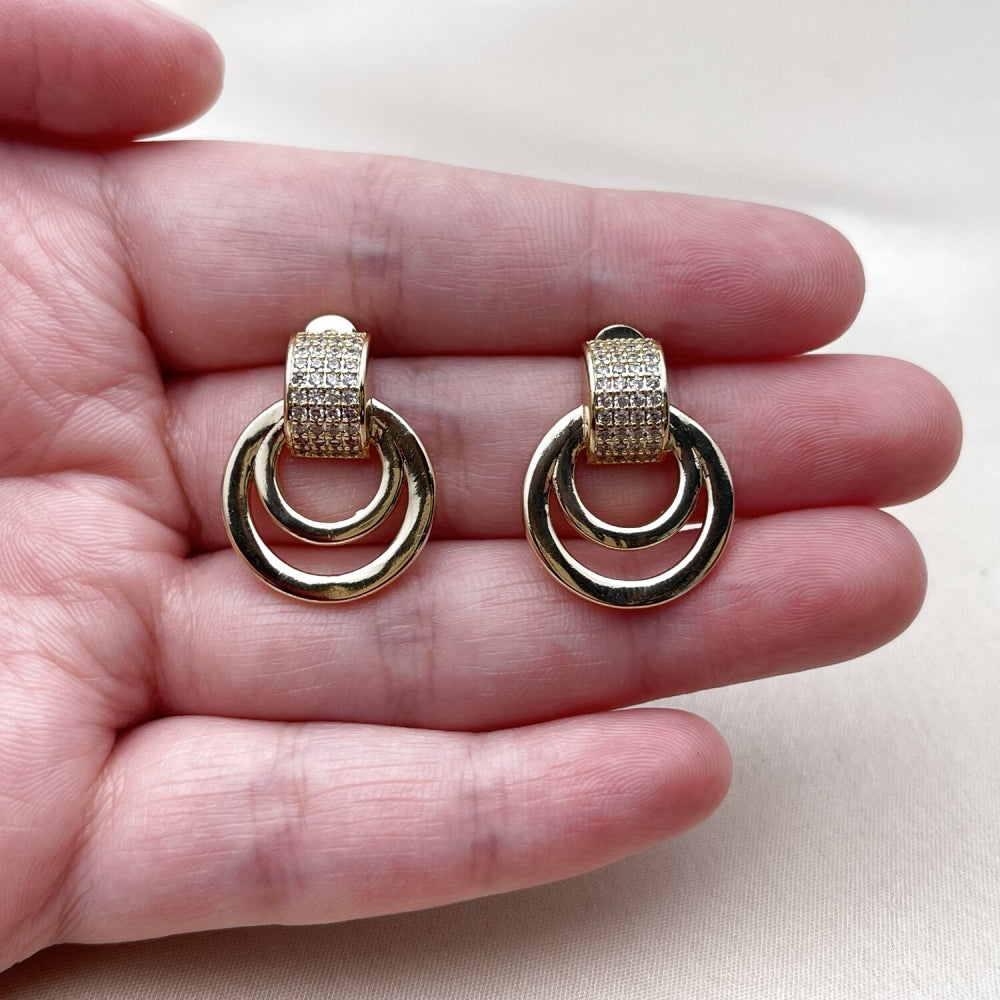 Oro Laminado Stud Earring, Gold Filled Style Belt Buckle Design, with White Micro Pave, Polished, Golden Finish