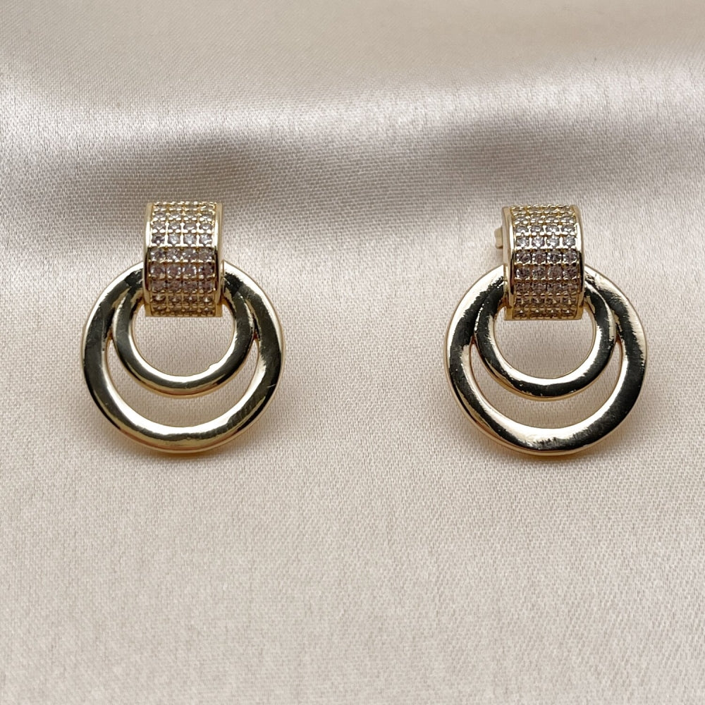 Oro Laminado Stud Earring, Gold Filled Style Belt Buckle Design, with White Micro Pave, Polished, Golden Finish