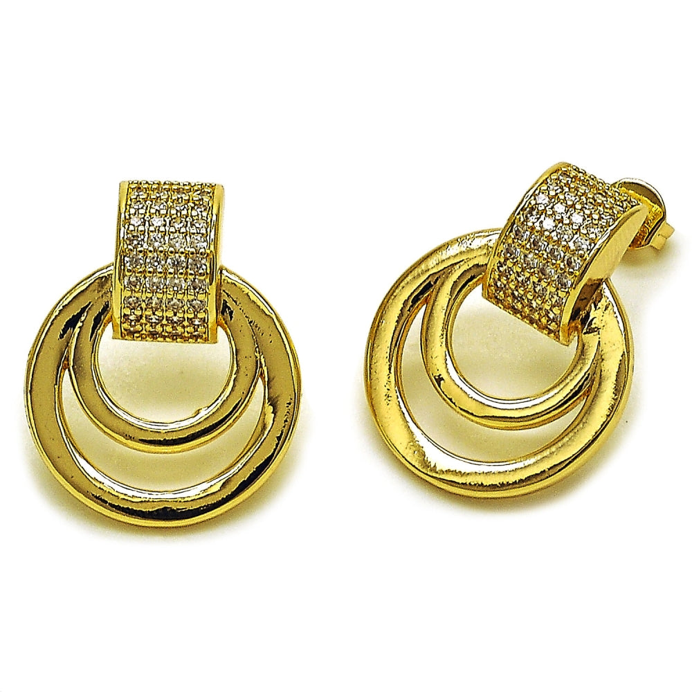 Oro Laminado Stud Earring, Gold Filled Style Belt Buckle Design, with White Micro Pave, Polished, Golden Finish