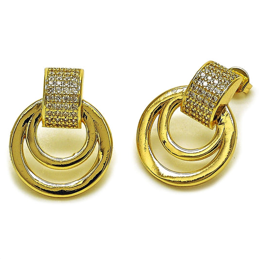 Oro Laminado Stud Earring, Gold Filled Style Belt Buckle Design, with White Micro Pave, Polished, Golden Finish