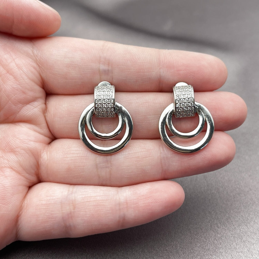 Rhodium Gold Filled Stud Earring, Belt Buckle Design, with White Micro Pave, Polished, Rhodium Finish