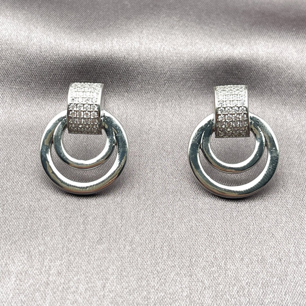 Rhodium Gold Filled Stud Earring, Belt Buckle Design, with White Micro Pave, Polished, Rhodium Finish