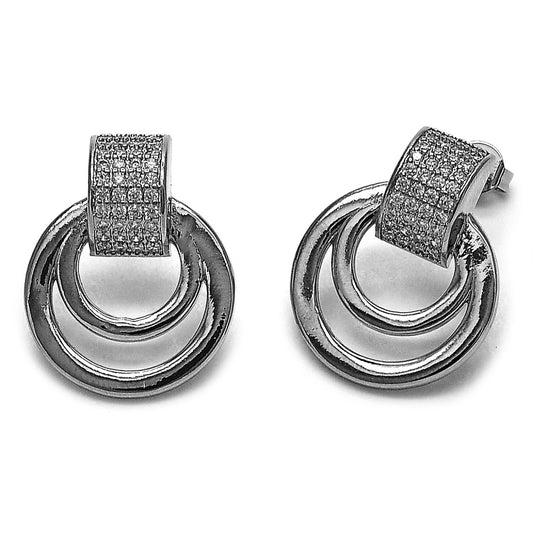 Rhodium Gold Filled Stud Earring, Belt Buckle Design, with White Micro Pave, Polished, Rhodium Finish