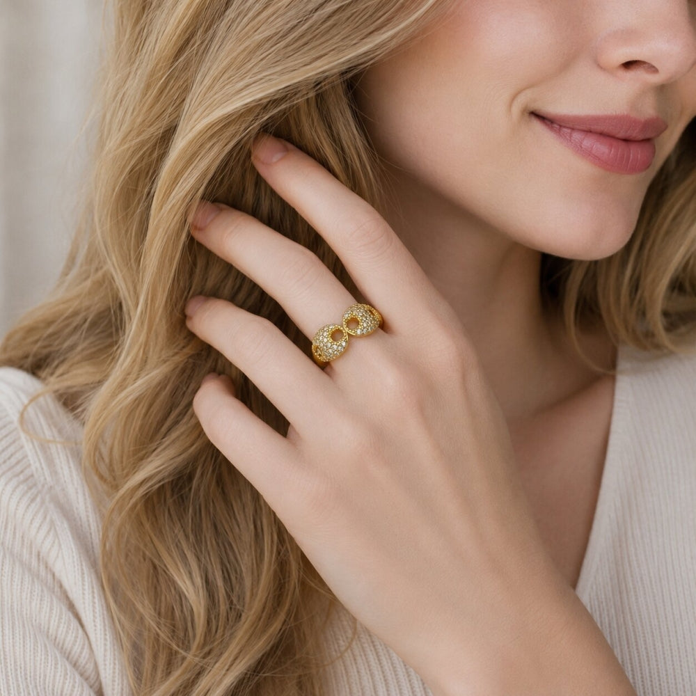 Oro Laminado Multi Stone Ring, Gold Filled Style Puff Mariner Design, with White Cubic Zirconia, Polished, Golden Finish
