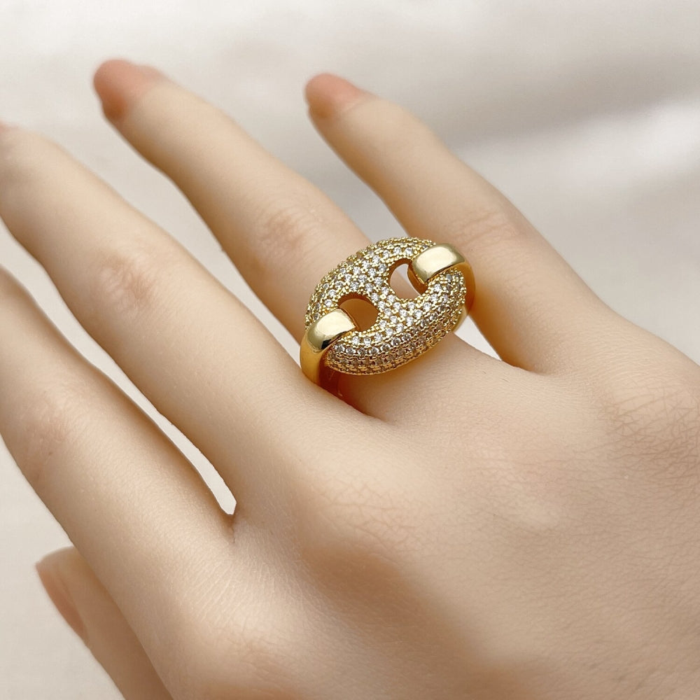 Oro Laminado Multi Stone Ring, Gold Filled Style Puff Mariner Design, with White Micro Pave, Polished, Golden Finish