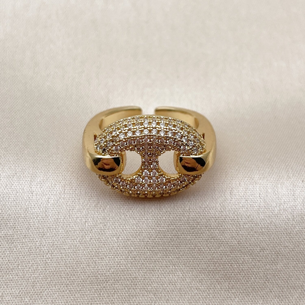 Oro Laminado Multi Stone Ring, Gold Filled Style Puff Mariner Design, with White Micro Pave, Polished, Golden Finish