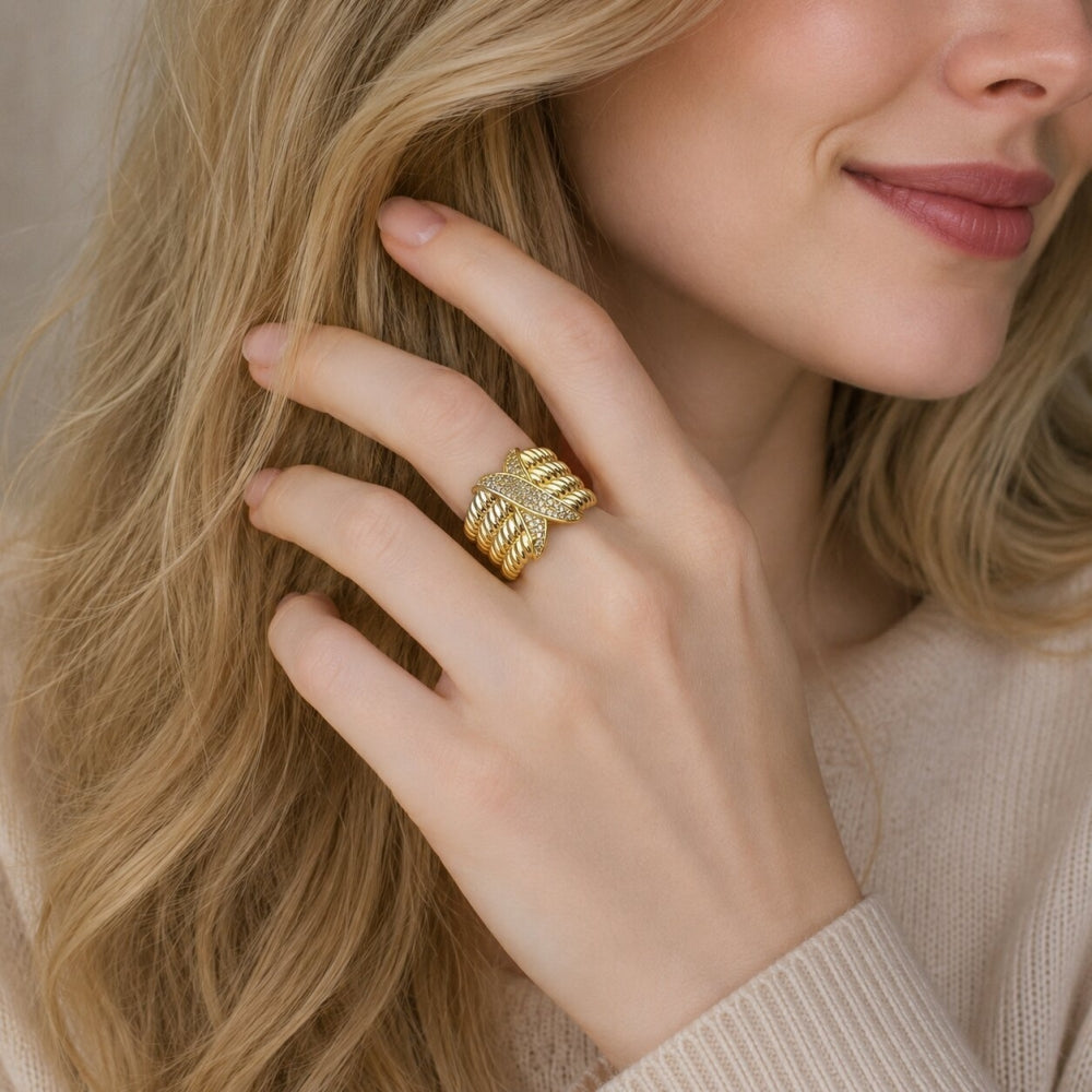 Oro Laminado Multi Stone Ring, Gold Filled Style Twist Design, with White Cubic Zirconia, Polished, Golden Finish