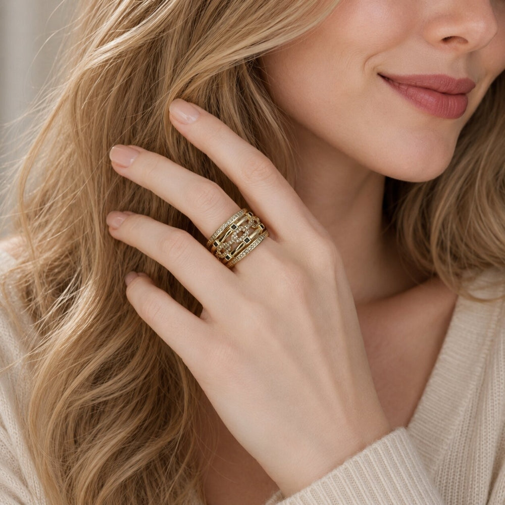 Oro Laminado Multi Stone Ring, Gold Filled Style Paperclip Design, with Green Cubic Zirconia and White Micro Pave, Polished, Golden Finish